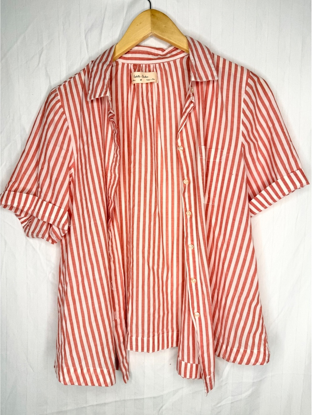 Isabella Sinclair Anthropologie Cotton Striped Button-Up Shirt Watermelon Pink